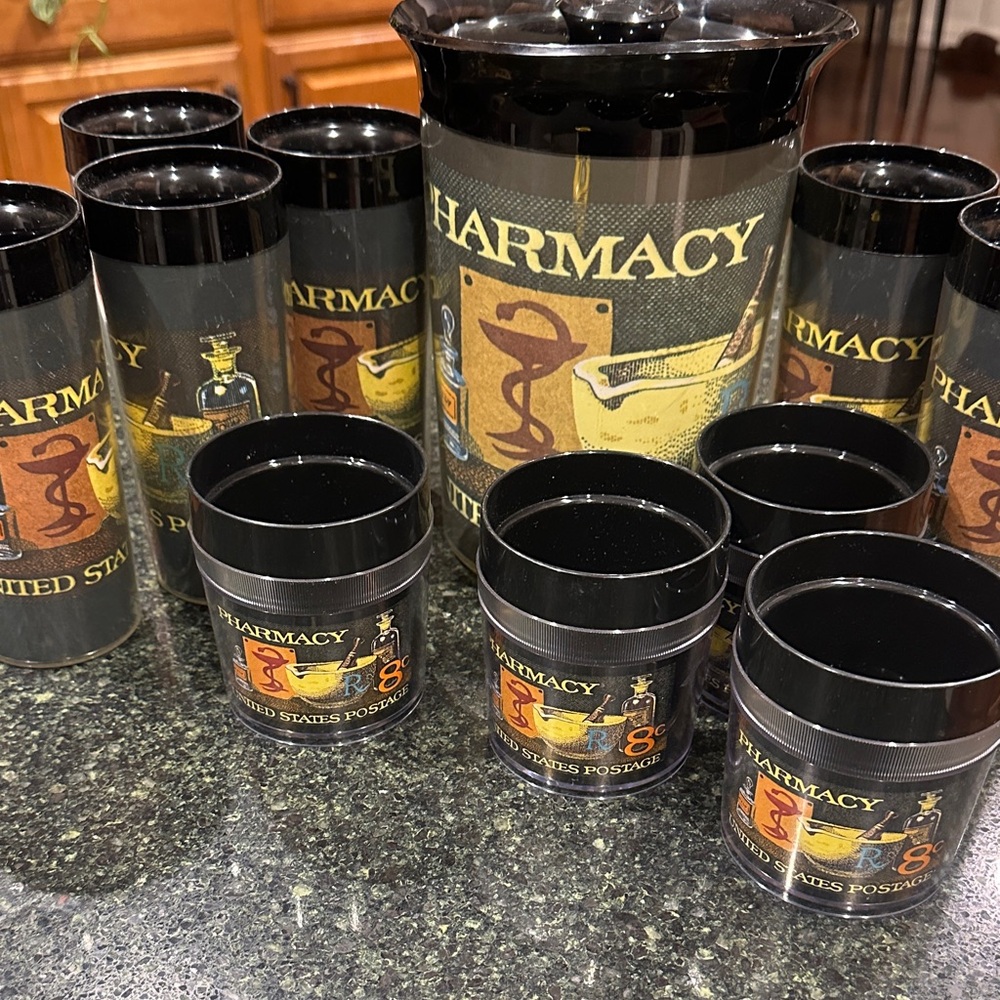 Thermo Serb vintage 12pc  United States pharmacy 8 cent cups, tumblers, pitcher